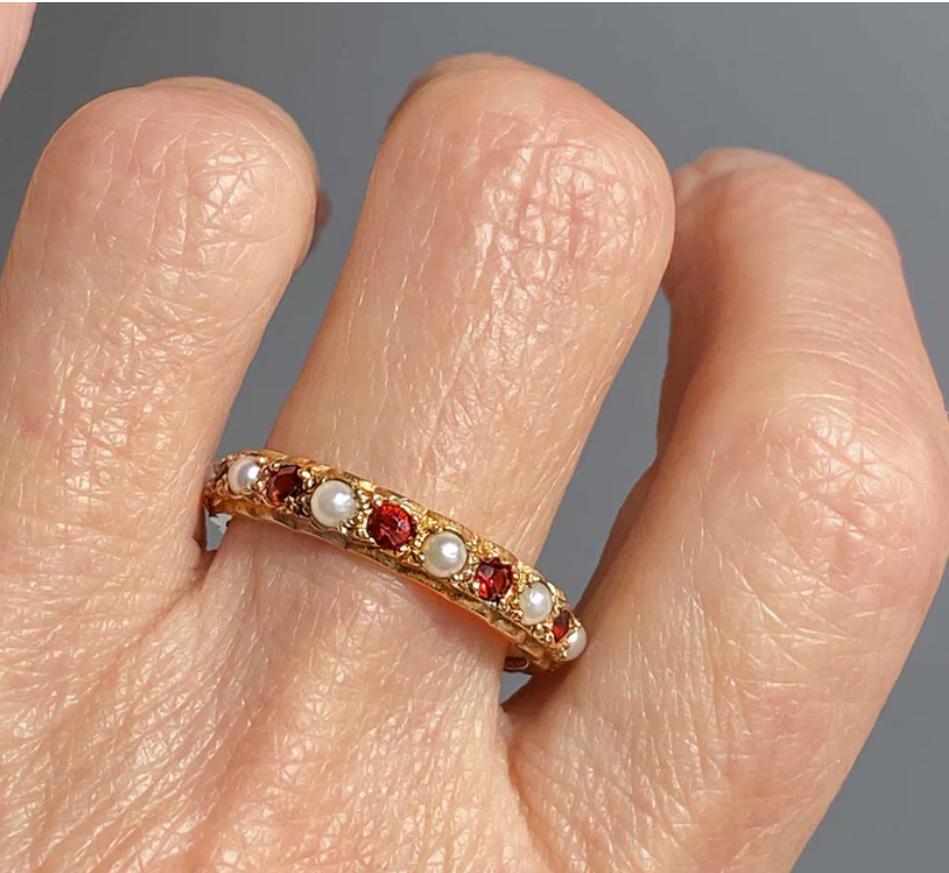 Vintage Pearl Garnet Full Eternity Ring Band in Gold